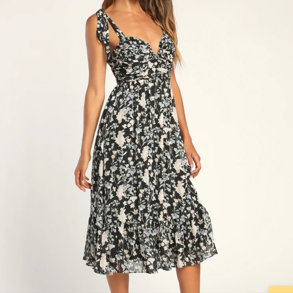 Lush Loveliness Black Floral Lurex Tie-Strap Midi Dress, Size M